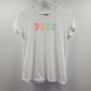 VS PINK Logo Spellout Graphic Tee Rainbow Ombre Cotton Shirt